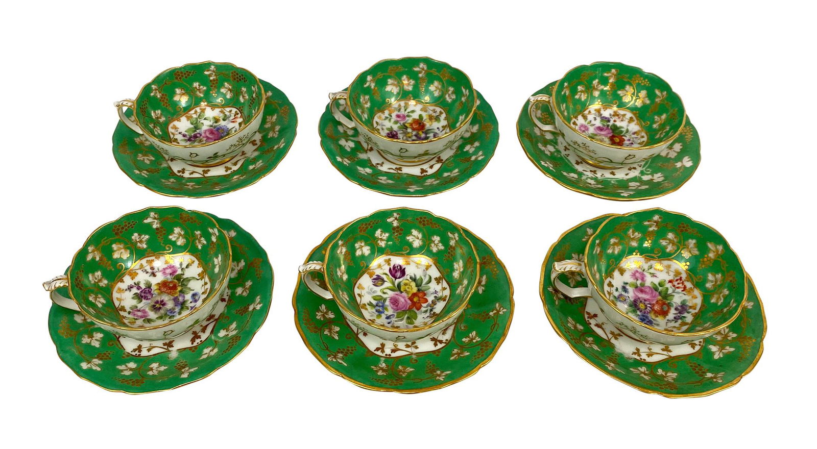 Jacob Petit French Porcelain Demitasse Tea Set: Jacob Petit service for six hand painted porcelain tea set. Blue "JP" initial mark under glaze to base. Circa: France, 19th Century. Teacup measures: 4-1/2" W x 1-3/4" H. Saucer measures: 5-3/8" in Di