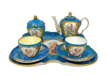 Antique 19th C. Sevres 7pc Porcelain Tea Service: Antique seven (7) piece Sevres French hand painted robin egg blue ground tea set. Beautifully designed with Victorian portraits, floral accents and gilt trimming throughout. Set to include: (1)