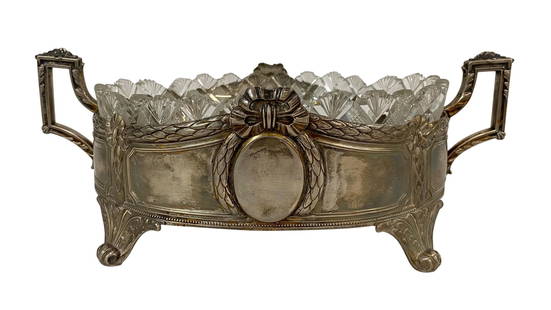 Antique German 800 Silver Cut Crystal Center Bowl: Antique, late 19th Century, German 800 silver footed center bowl with an oval cut crystal insert. Marked "49296 800" with crescent moon and crown hallmark to base. Measures: 13-1/2" L x 7-5/8" W x