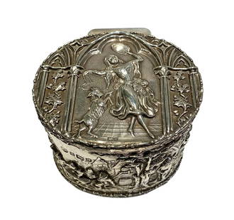 Antique 19th C. English Sterling Silver Tea Caddy: Antique Victorian sterling silver lidded tea caddy box by English silversmith Thomas Hayes. Crafted in a reticulated ornate design featuring a dancing woman and goat to top and reticulated village