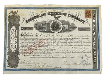 American Express Company 1866 Stock Certificate: American Express Company No. 1439 capital stock certificate for 16 shares. Circa: May 1866. Hand signed by Henry Wells as President and William Fargo as Secretary. Cancelled with 1869 American