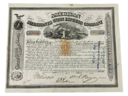 American Merchant Union Express Company 1869 Stock Cert: American Merchant Union Express Company No. 2829 capital stock certificate for 150 shares. Circa: July 1869. Hand signed by William Fargo as company President. Cancelled with 1878 American Express