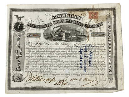 American Merchant Union Express Company 1968 Stock Cert: American Merchant Union Express Company No. 687 capital stock certificate for 7 shares. Circa: December 1868. Hand signed by William Fargo as company President. Cancelled with 1872 American Express