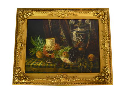 August Laux Antique French Still Life Oil Painting: August Laux (France: 1853 - 1921) antique still life oil painting on canvas mounted in an ornate hand carved gilt frame. Signed to lower left. Measures: 24-1/8" W x 18-1/8" H. Frame measures: 31" W x