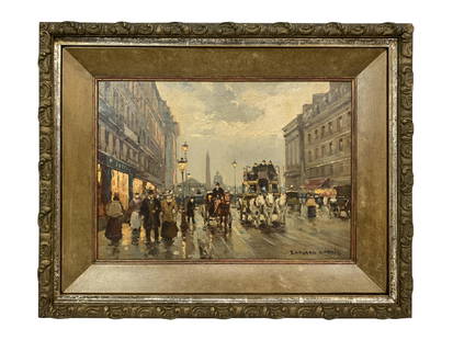 Edouard Cortes Parisian Street Scene Oil Painting: Manner of Edouard Leon Cortes (French: 1882-1969) neo impressionist Parisian street scene oil painting on canvas. Bears signature to lower right. Measures: 18-1/8" W x 13" H. Frame measures: 23" W x