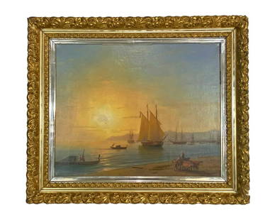 Manner of Ivan Aivazovsky Seascape Oil Painting: Manner of Ivan Aivozovsky (Russian/Ukraine: 1817 - 1900) antique oil painting on canvas depicting sail ships offshore as the sun rests over the horizon. Signed to lower left. Measures: 21" W x