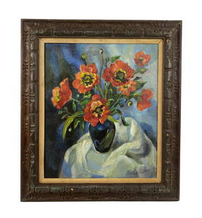 Martha Walter Still Life Oil Painting on Canvas: Attributed to Martha Walter (United States/France: 1875 - 1976) floral still life oil painting on canvas. Signed to lower right. Measures: 21-1/4 " W x 26" H. Frame measures: 30" W x 34" H. Local