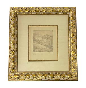 Camille Pissarro 19th C. Etching & Aquatint: Camille Pissarro (France/England: 1830 - 1903) Antique village scene etching and aquatint on paper. Hand signed in pencil "C. Pisarro" to lower right. Titled and addressed to lower left in pencil.
