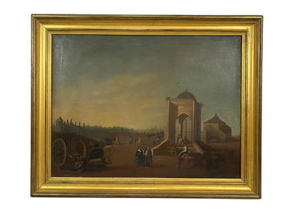 Signed Antique Spanish Landscape Oil Painting: Circa: Late 19th Century. Hand signed illegibly in red to lower right. Measures: 29-1/4" W x 22-1/4" H. Frame measures: 35-1/2" W x 28-1/2" H. From a Palm Beach estate. Local Pick Up or Third Party