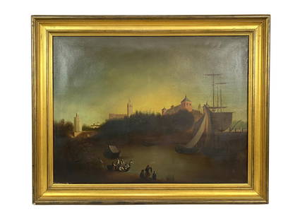 Signed Antique Spanish Landscape Oil Painting: Circa: Late 19th Century. Hand signed illegibly in red to lower right. Measures: 29-1/4" W x 22-1/4" H. Frame measures: 35-1/2" W x 28-1/2" H. From a Palm Beach estate. Local Pick Up or Third Party