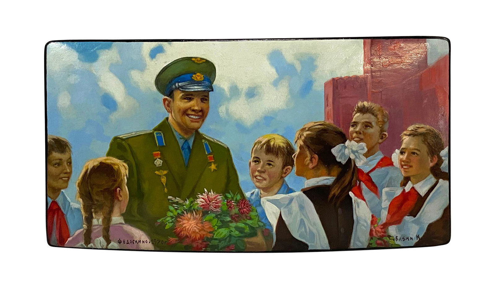 Antique Russian Social Realism Lacquer Box: Antique Russian hand painted lacquer box depicting a ranked Soviet Union officer holding a bouquet of flowers among Russia's youth. Hand signed by artist in cyrillic and dated 1970. Measures: 6-7/8" L