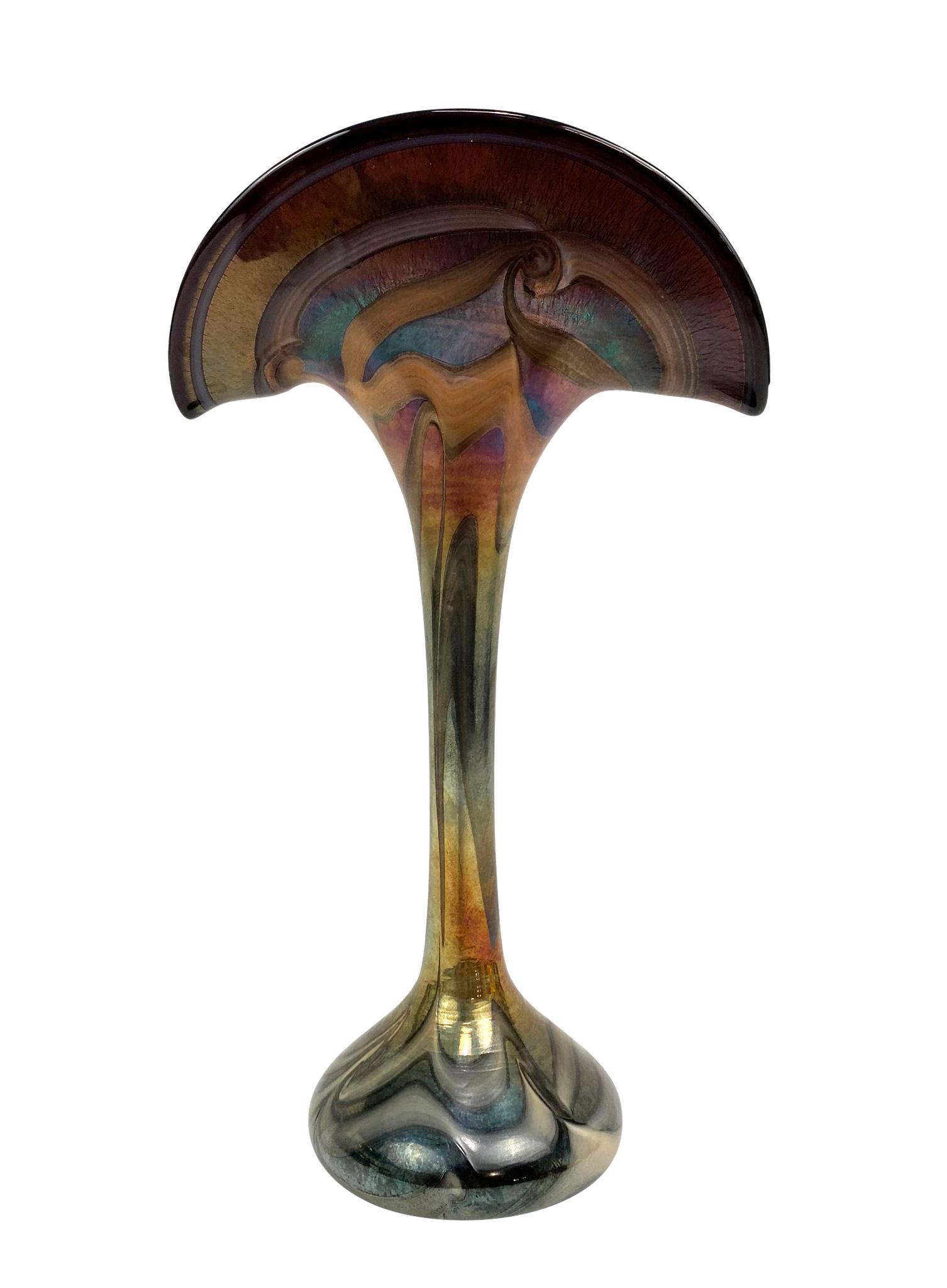 Loetz Art Nouveau Iridescent Art Glass Tulip Vase: Loetz iridescent Art Nouveau art glass vase in trumpet form to tulip rim. Circa: Turn of The Century. Unsigned. Measures: 12-1/4" Tall x 7-1/8" Wide. Total Weight: 797 grams. Local Pick Up or Third Pa