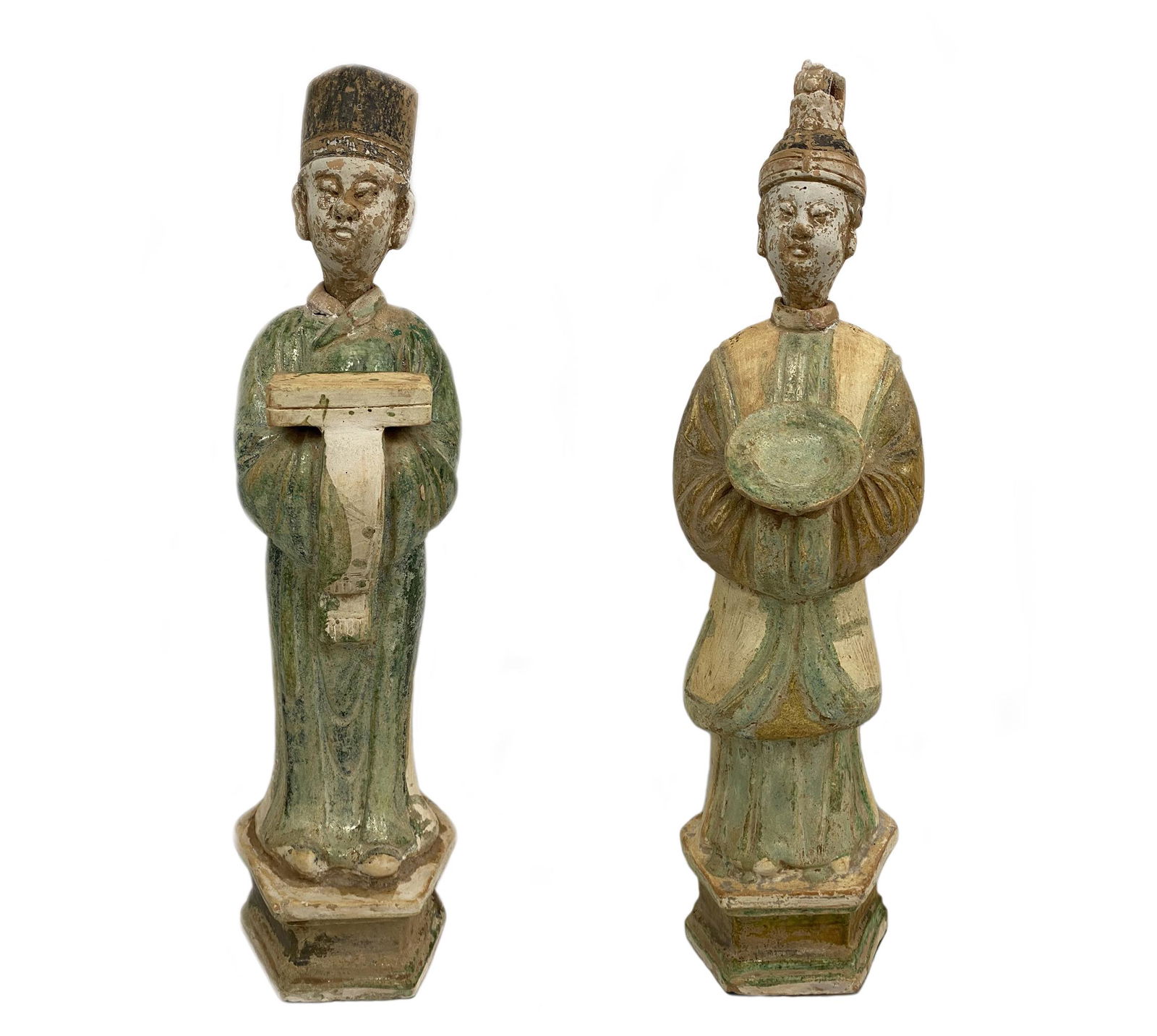 Pair of Antique Chinese Terracotta Pottery Figures: Circa: Ming Dynasty. Each measures approx. 19" Tall x 5" W x 5" D. From a Palm Beach estate. Local Pick Up or Third Party Shipping Required.
