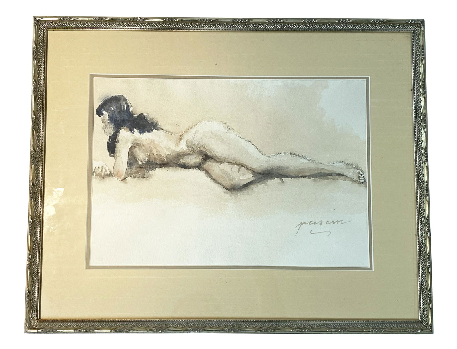 Jules Pascin Nude Watercolor Painting on Paper: Jules Pascin (American/France: 1885 - 1930) watercolor painting on paper depicting a modernist nude portrait study of a recumbent brunette woman. Hand signed to lower right. Circa: Early 20th Century.