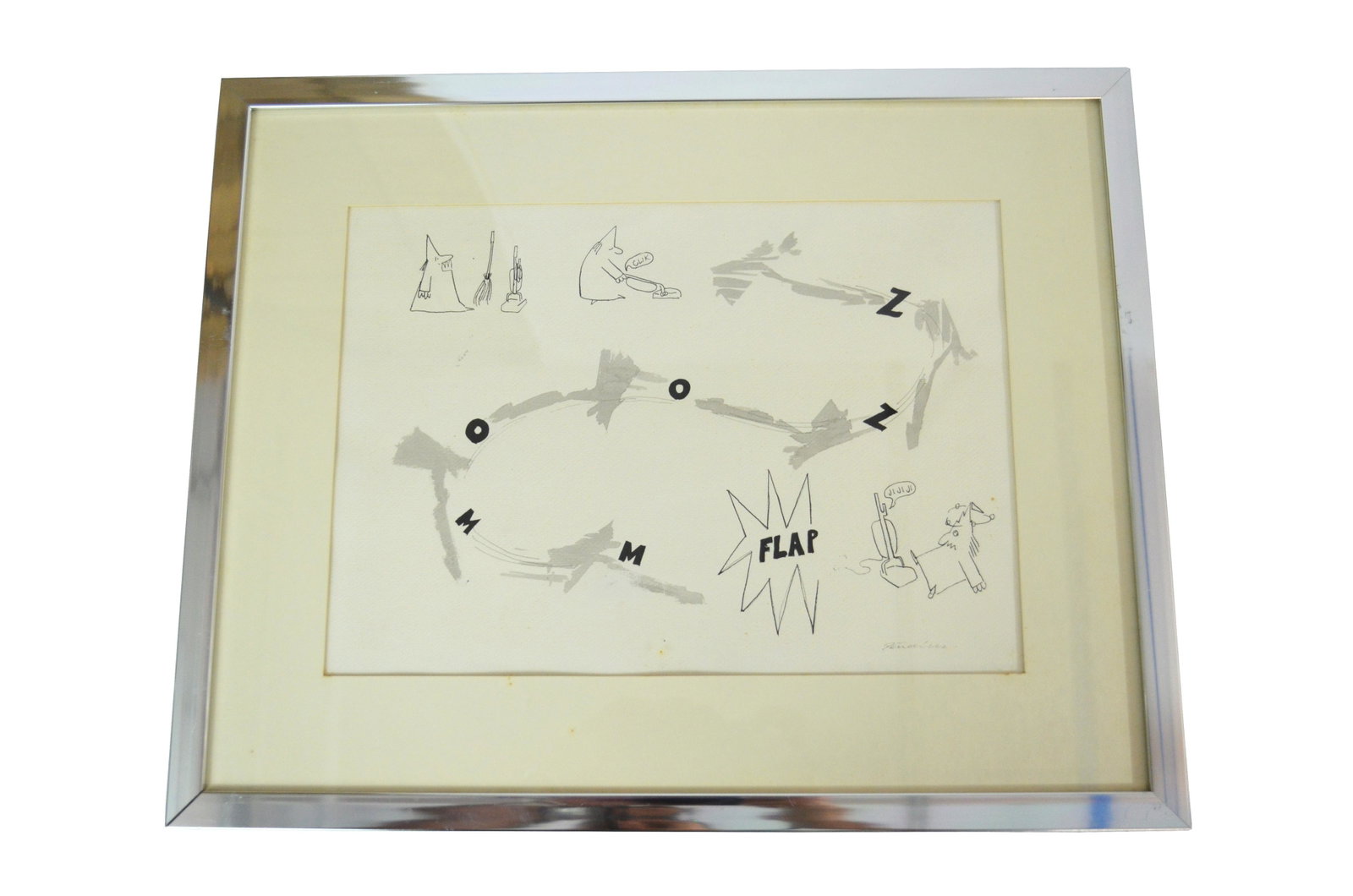 Tomas Penalver Monochrome Cartoonist Ink Drawing: Tomas Penalver (French: 20th Century) Pen/Ink cartoon sketch drawing on paper titled "Flap". Hand signed in ink to lower right. Circa: 1982. Sheet measures: 12" W x 8-3/4" H. Frame measures: 16-3/4" W