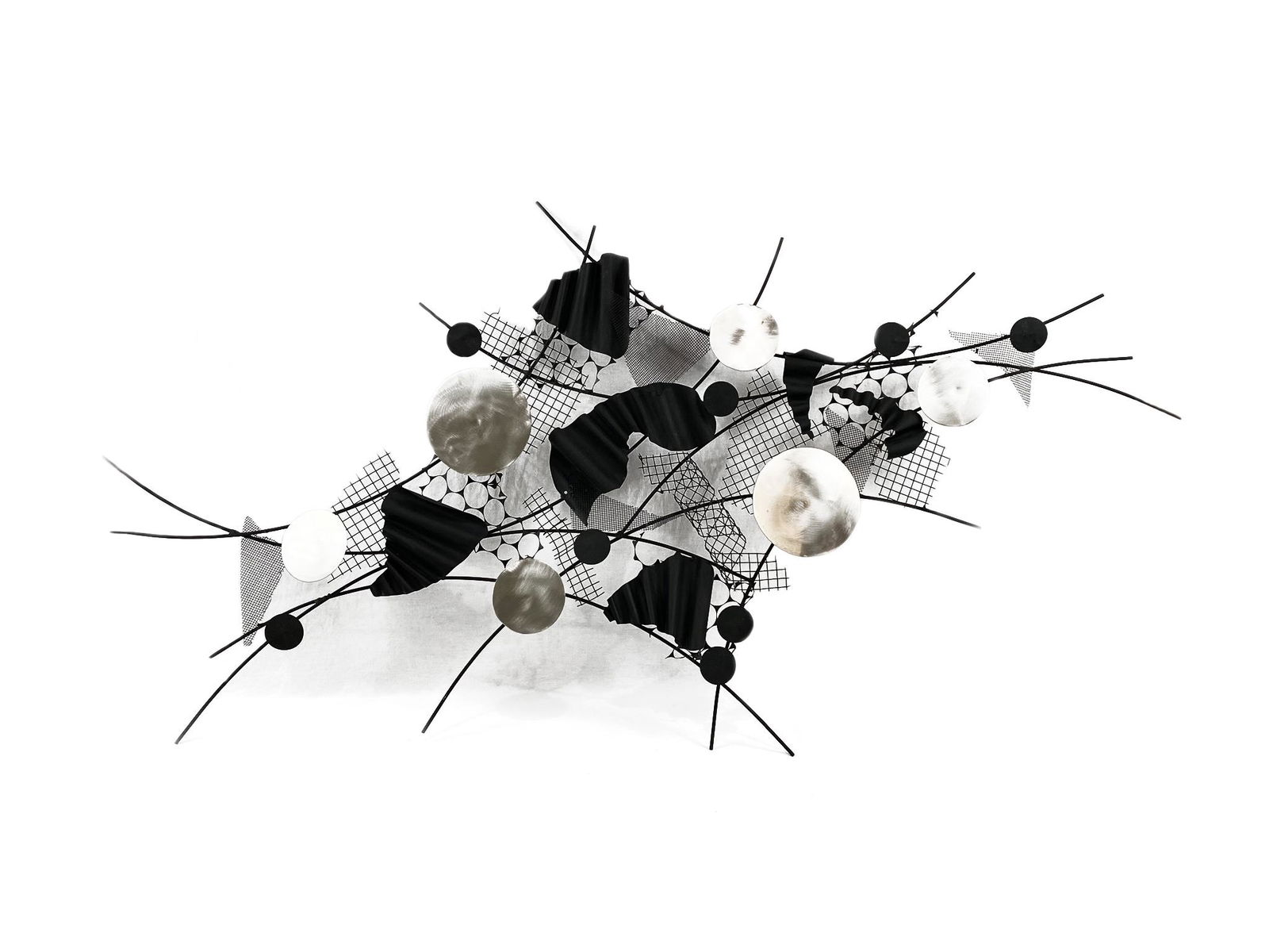 Curtis Jere Mixed Metal Abstract Wall Sculpture: Curtis Jere (American/Chinese: 1910 - 2008) Signed in marker. Measures: 61" Long x 35" Wide x 3" Thick. From a Boca Raton estate. Local Pick Up or Third Party Shipping Required.