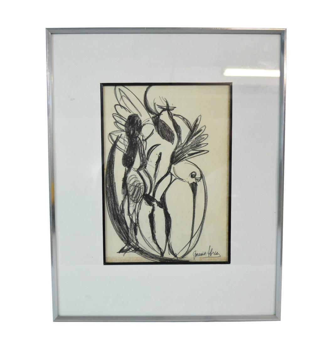 Mario Abreu Pastel & Charcoal Drawing on Cartulina: Mario Abreu (Venezuelan: 1919 - 1993) Untitled pastel and charcoal study on cartulina of a tropical paradise bird. Hand signed to lower right. Circa: 1982. Sheet measures: 9" W x 12-1/2" H. Frame meas