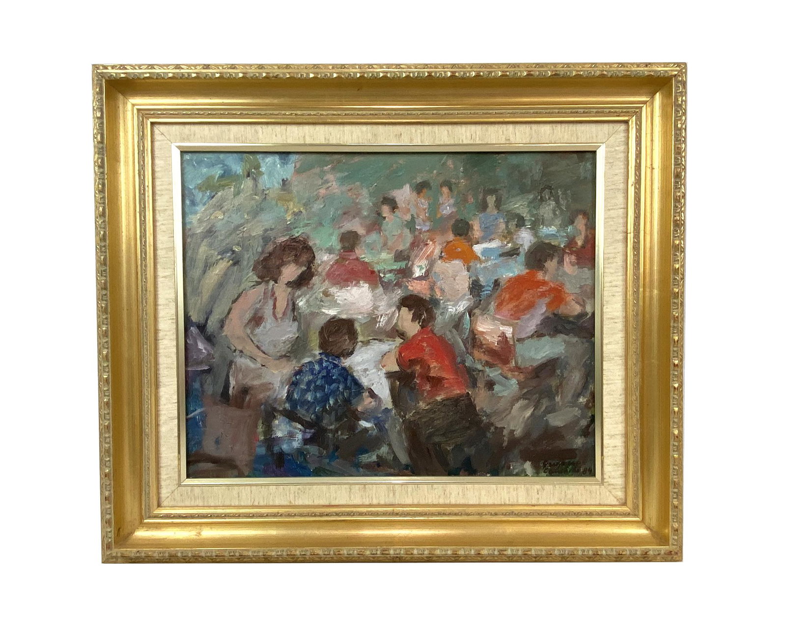 Gregorio Camacho "Muchachos" Impressionist Oil Painting: Gregorio Camacho (Venezuelan: B. 1933) impressionist oil painting on canvas titled "Muchachos". Signed to lower right. Measures: 19-7/8" W x 16" H. Frame measures: 26-7/8" W x 22-7/8" H. Provenance: C