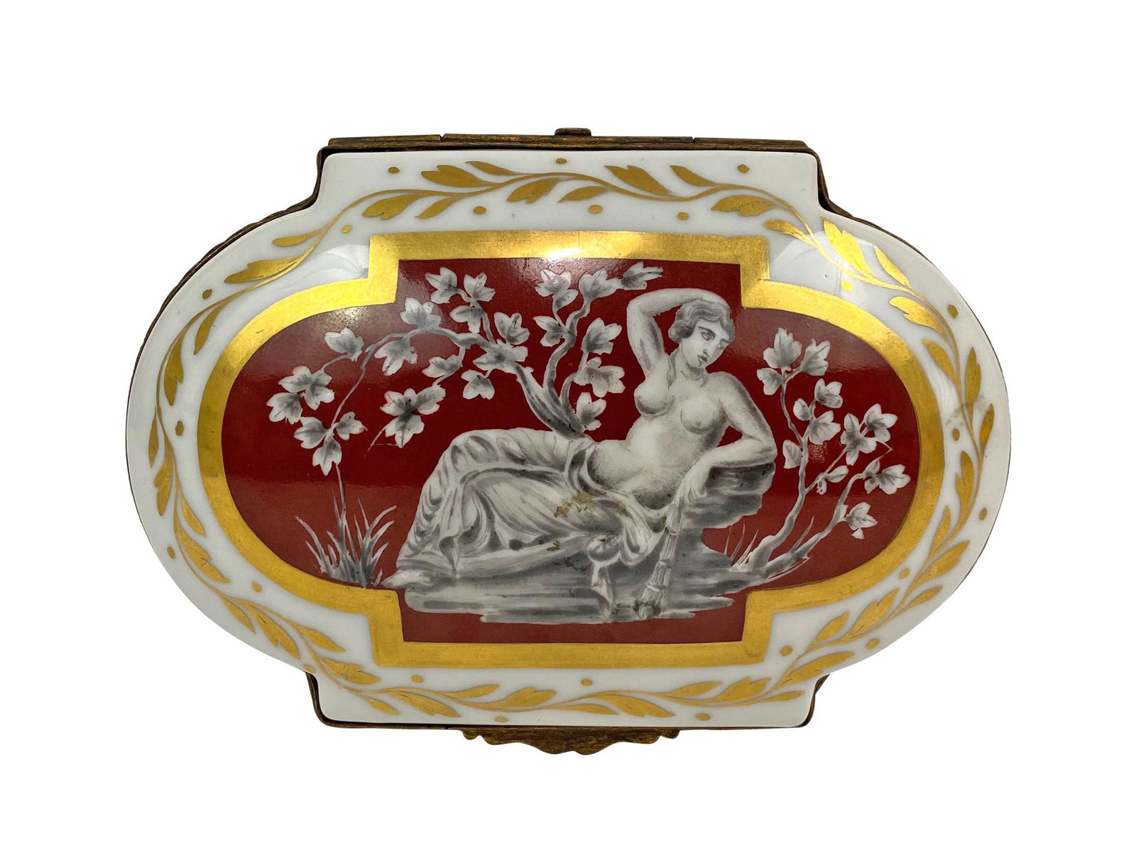 Antique 19th C. French Nude Porcelain Box: Antique French hand painted porcelain dresser box depicting a recumbent semi nude woman to center surrounded by floral designs and gilt trimming throughout. Marked to base. Measures: 6-5/8" L x 4-1/2"