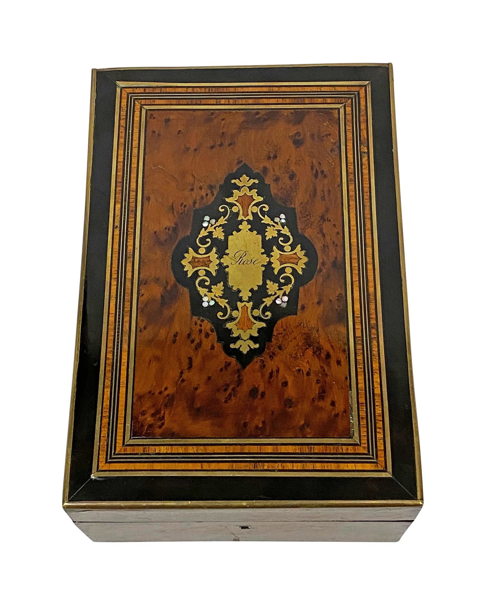 Antique 19th C. French M.O.P Burl Wood Jewelry Box: Antique, 19th century, French jewelry box crafted with burl wood and mother of pearl inlay. Designed with brass trimming and red silk lined interior with mirror. Circa: France, 1850s. Measures: 8-1/2"