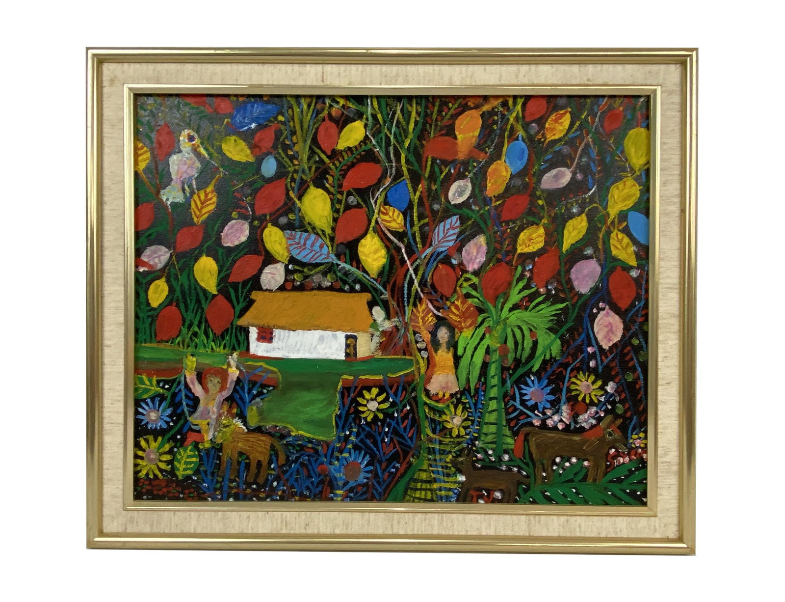 Tulio Jose Garcia Venezuelan Oil Painting: Tulio Jose Garcia (Venezuela: 20th Century) "Paisaje Primitivo de la Selva" oil painting on canvas. Hand signed and dated to lower right. Circa: 1981. Signed and titled to verso. Measures: 19-5/8" W x