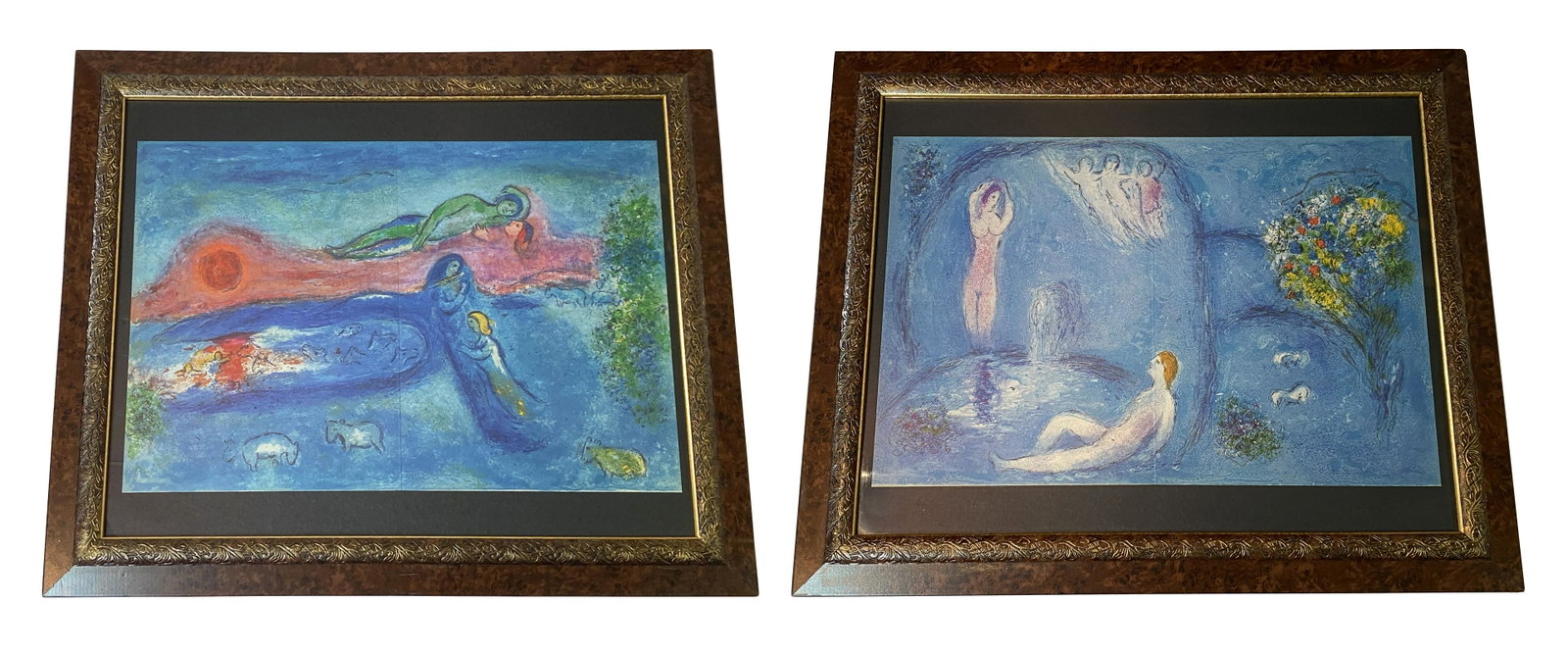 Pair of Marc Chagall Offset Lithographs In Colors: Marc Chagall (French/Russia: 1887 - 1985) Sheet measures: 18-3/4”W x 12-1/2” H. Frame measures: 23-1/2” W x 19-1/2” H. Local Pick Up or Third Party Shipping Required.