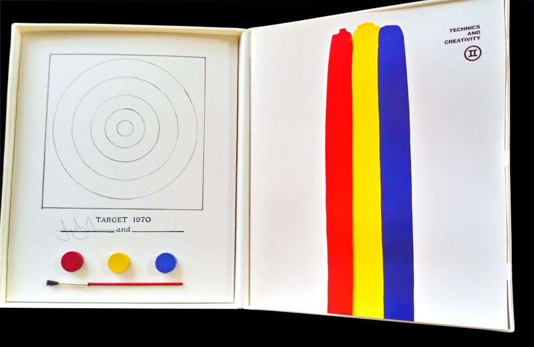 Jasper Johns "Target, 1970" Lithograph In Colors: Jasper Johns (American: B. 1939) Two color offset lithograph, with book in white case containing a collage of three watercolor pads and paintbrush on Copperplate Deluxe paper titled "Target, 1970". Si