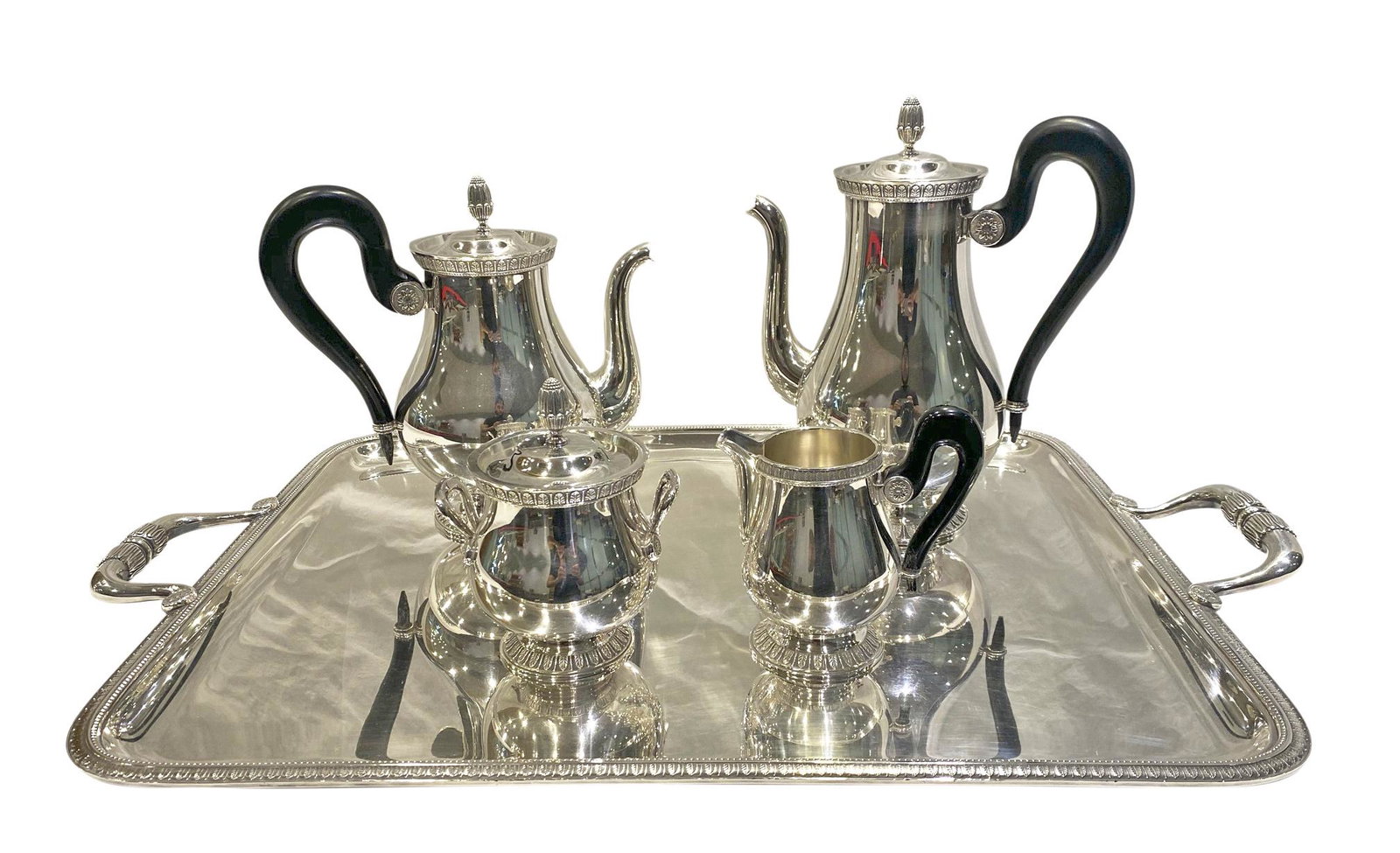 5pc Christofle French Silver Tea Set: Tray: 25-3/4" L x 16-1/4" W. Teapot: 10-1/4" H x 8" W.. Coffee: 8" H x 8-1/4" W. Sugar & Creamer: 4-1/2-5" H. Local Pick Up or Third Party Shipping Required.