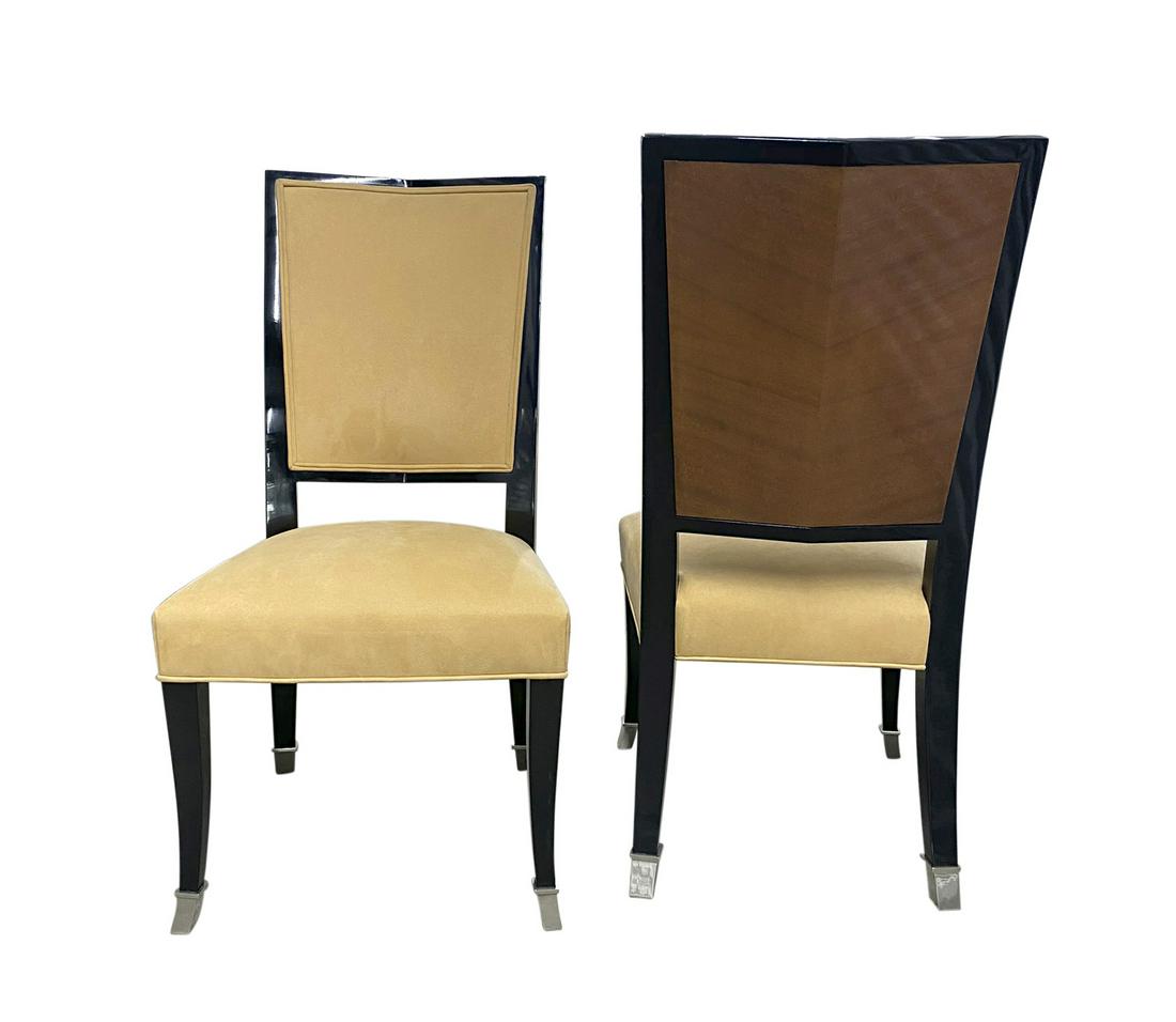 (8) Lee Weitzman "Chevron" Dining Chairs: Lee Weitzman "Chevron" dining chairs crafted with maple wood frame and arms with ribbon sapeli design to exterior of back. Interior back and seat are both upholstered. Arm chair: 20.5”W x 26”D x 4