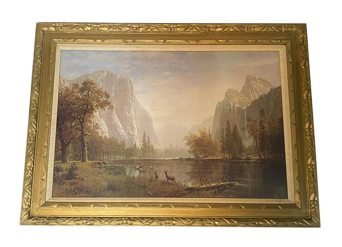 Albert Bierstadt Offset Mountain Scene Lithograph: Albert Bierstadt (German/American: 1830 - 1902) antique landscape lithograph on paper depicting young deer riverside in a mountainous environment. Plate signed to lower left. Measures: 35-1/2" x 23-1/