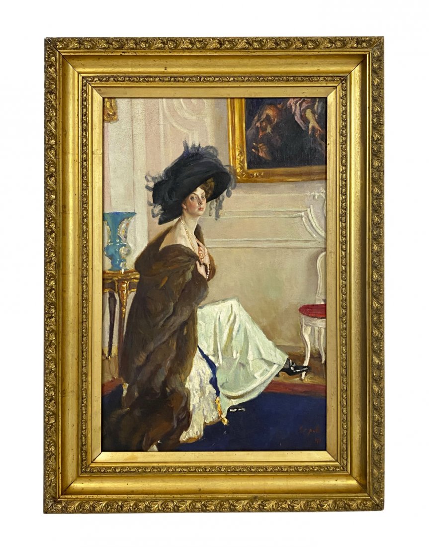 School of Valentin Serov Portrait Oil Painting: School of Valentin Alexandrovitch Serov (Russian Federation: 1865 - 1911) oil painting after the "Portrait of Princess Olga Orlova, 1911". Mounted in a beautiful hand carved gilt wooden frame. Bears s