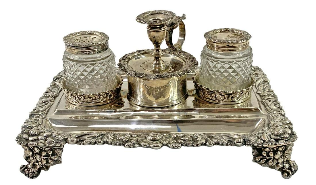 Antique 19th C. Robert Hennell Sterling Silver Inkwell: Antique English sterling silver berry motif double inkwell crafted by British silversmith Robert Hennell. Hallmarked to base. Circa: London, England 1822. Measures: 8-3/4" L x 8-5/8" W x 4-1/2" H. Tot