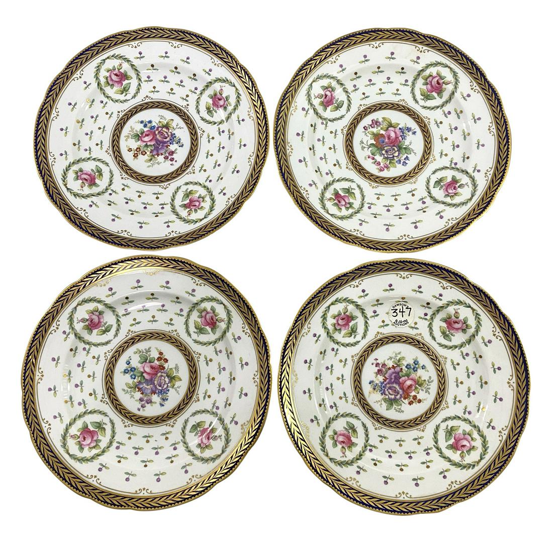 (4) Tiffany & Co. Floral China Desert Plates: Lot of four Tiffany & Co. Spode Copeland English hand painted fine china desert plates. Marked under glaze to base. Each measures: 9-3/8" in Diameter. From a Miami Beach estate. Local Pick Up or Third