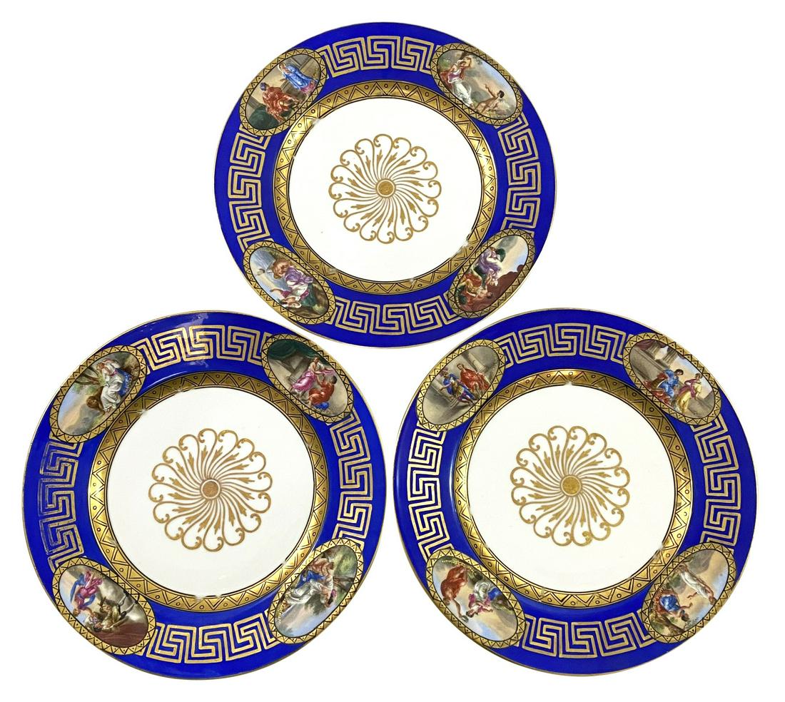 (3) Old Paris Angelica Kaufmann Desert Plates: Lot of three antique, 18th century, Old Paris hand painted scenic desert plates. Dedicated to base "Pour la Contesse Rotas de Waldstein". Circa: 1766. Hand signed by Angelica Kaufmann to scenes and to