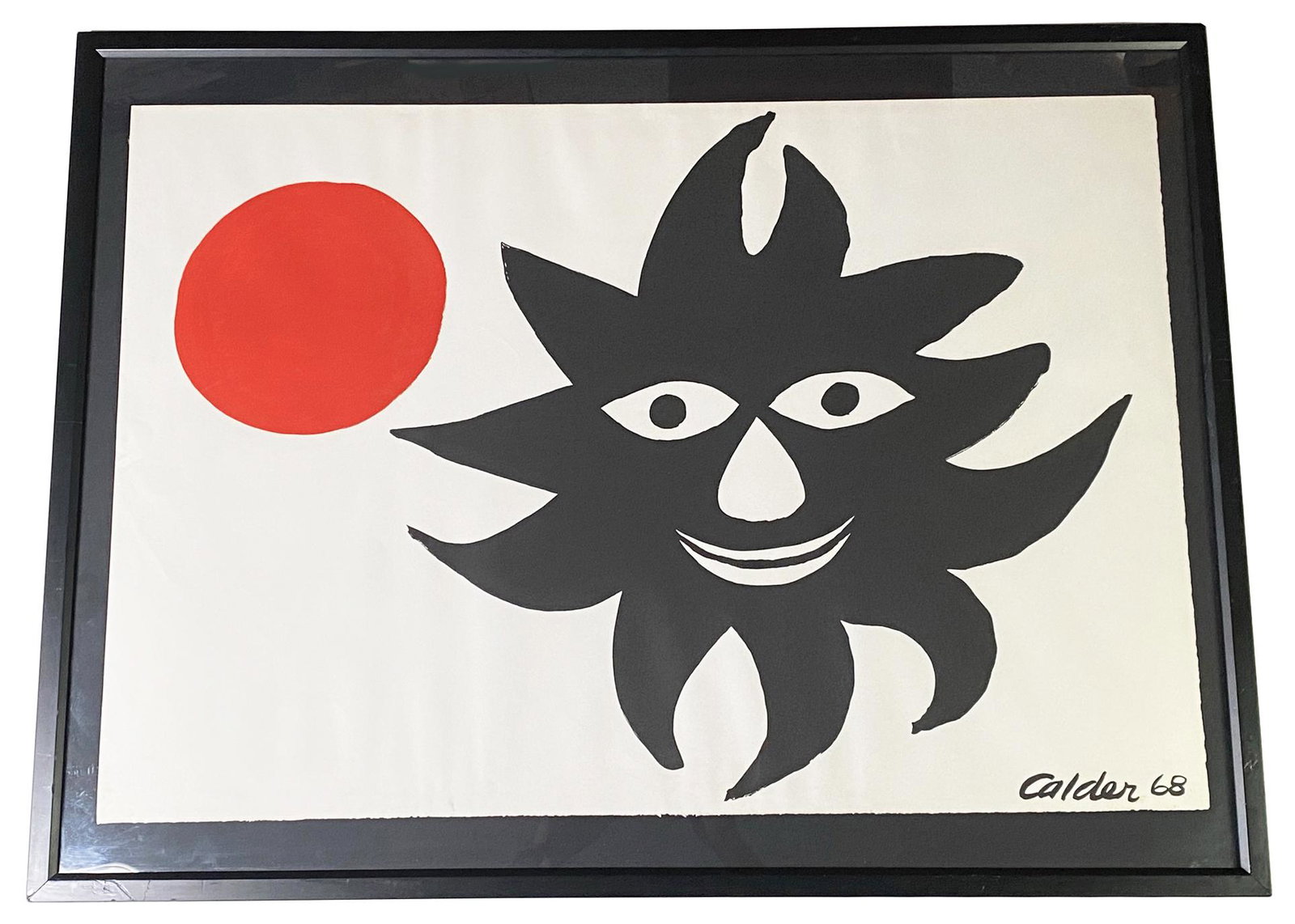 Alexander Calder "Red Sun, 1968" Lithograph: Alexander Calder (New York/France: 1898 - 1976) lithograph in colours on Arches BFK Rives paper titled "Red Sun, 1968". Publisher: Collector's Guild, NY. Bears watermarks to each corner. Sheet: 35” 