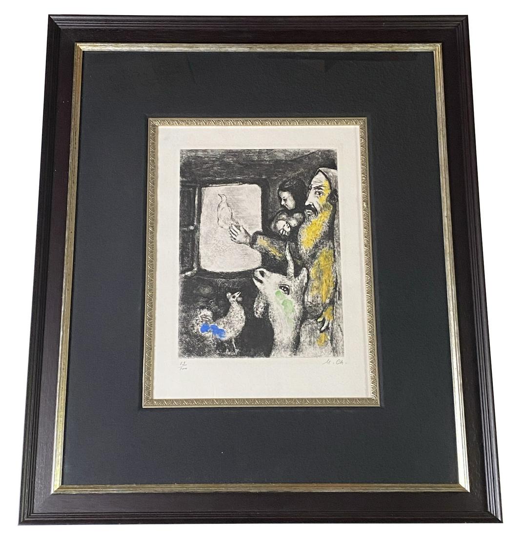 Marc Chagall "The Dove of The Ark" Colored Etching: Marc Chagall (Russian/French: 1887 - 1985) original hand colored etching on paper titled "The Dove of The Ark". Series: Etchings for the Bible (1930-1939; 1952-1956). Circa: 1939. Hand signed in penci