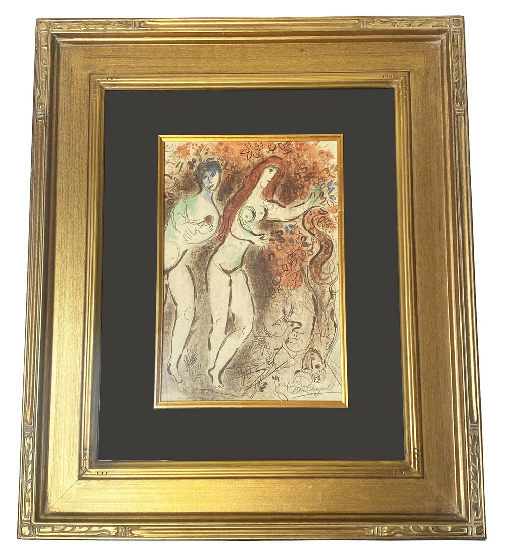 Marc Chagall "Adam & Eve" Pencil Signed Lithograph: Marc Chagall (Russia/France: 1887 - 1985) "Adam, Eve and the Forbidden Fruit" (Bible Series) lithograph in colours (Mourlot no. 234). Hand signed in pencil to lower right. Published by: Éditions de l