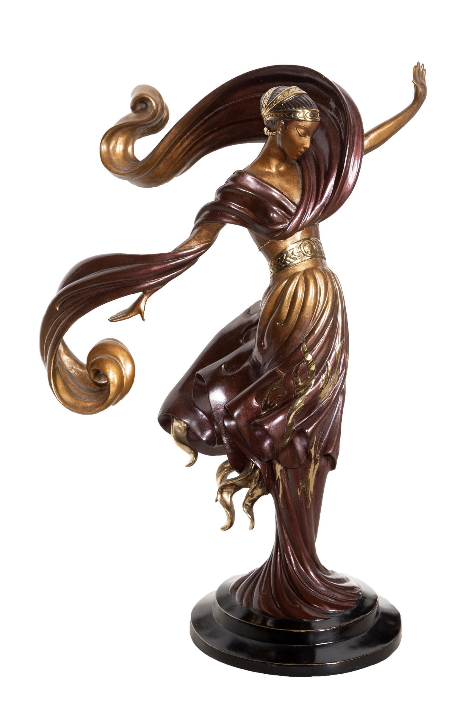 Erte "Flames of Love" Bronze Sculpture: Romain De Tirtoff, Erte (Russian/French, 1892 - 1990) Limited Edition cold-painted and hand cast bronze sculpture titled "Flames of Love". Using the lost wax process, with hand applied patina and embe