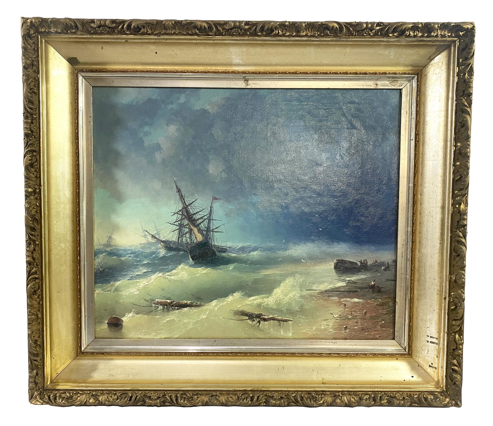 Manner of Ivan Aivazovsky Seascape Oil Painting: Manner of Ivan Konstantinovich Aivazovsky (Russian/Ukraine: 1817 - 1900) seascape oil painting on canvas mounted in a carved gilt wooden frame. Bears signature to lower right. Measures: 24" W x 20" H.