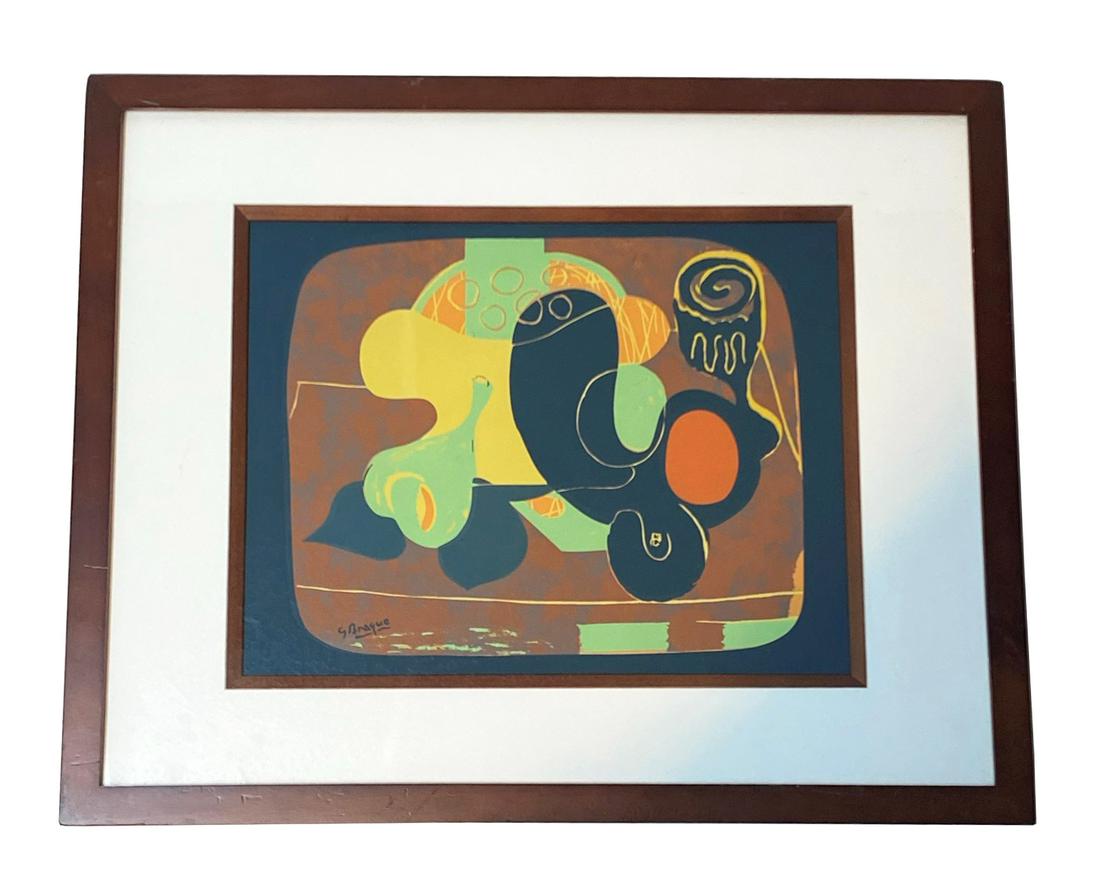 Georges Braque Abstract Woodcut on Paper: Georges Braque (France: 1882 - 1963) Facsimile signed to lower left. Sheet: 13-1/2” x 10-1/2”. Frame: 21-1/8” x 17-1/4”. From a Miami Beach estate. Local Pick Up or Third Party Shipping Requir