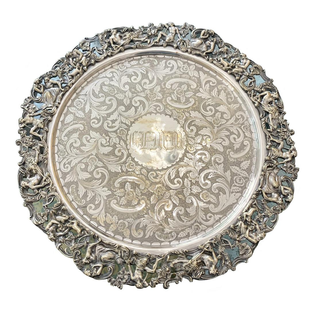 Deykin & Harrison Apollo & Daphne Cake Stand: Antique English Deykin & Harrison silver plated footed cake stand exquisitely crafted with an ornate reticulated figural Apollo & Daphne border along with an incised floral design around a monogrammed
