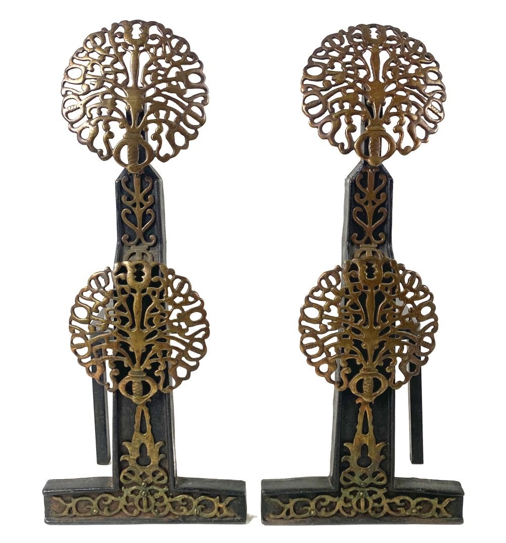 Pair of Antique European Art Nouveau Gilt Andirons: From a Palm Beach estate. Local Pick Up or Third Party Shipping Required.