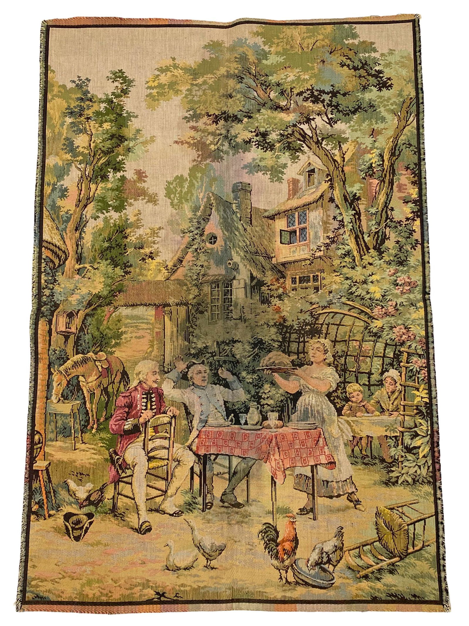 Antique French Tapestry: Stamped "Made In France" to verso. Measures: 38-3/4" L x 25-1/2" W. From a Stuart, FL estate. Local Pick Up or Third Party Shipping Required. Condition: Good overall. No apparent loss or repair. No vi