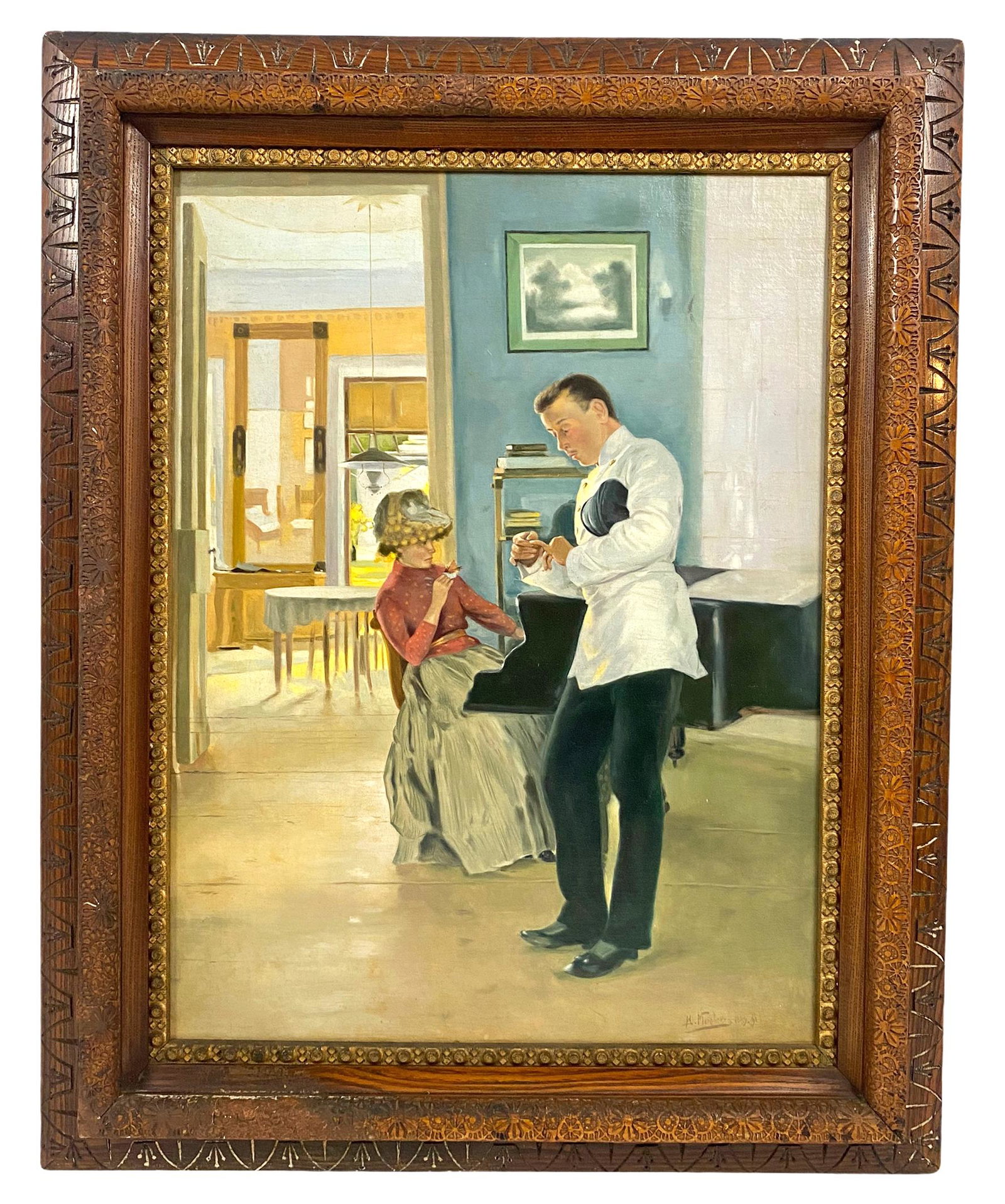 School of Konstantin Makovsky Officer Oil Painting: School of Konstantin Yegorovich Makovsky (1839 - 1915) oil painting on canvas depicting an interior scene off an off duty officer accompanying a seated woman playing the piano. Signed and dated to low