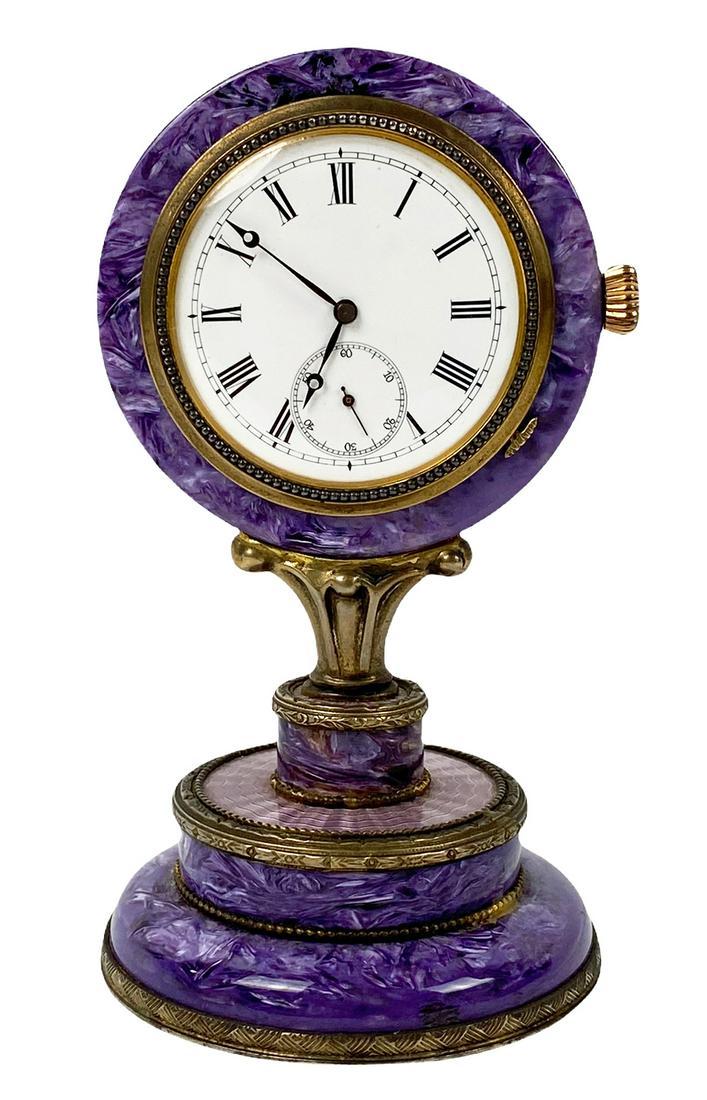 Antique Russian Art Deco Charoite Guilloche Clock (1 of 13)