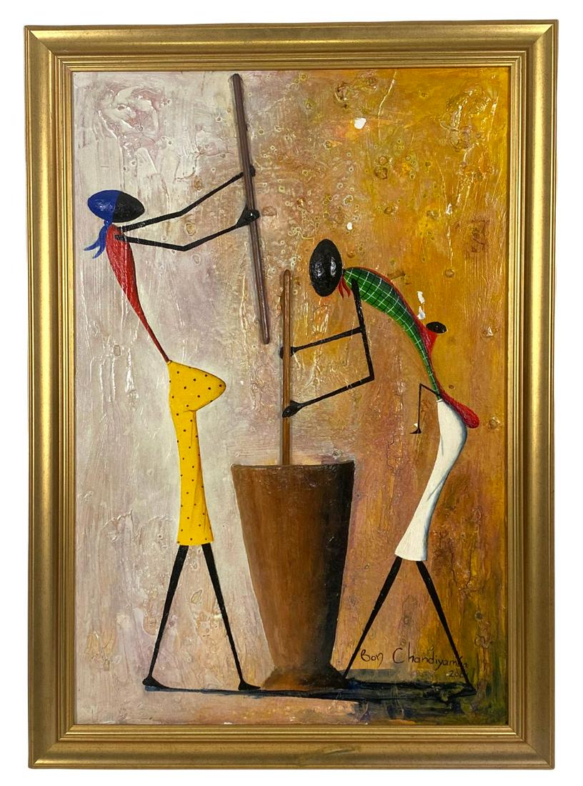 Bon Chandiyamba Mixed Media Painting on Canvas: Bon Chandiyamba (Malawian/South African: B. 1956) contemporary mixed media painting on canvas depicting a pregnant mother and father with child to back cooking in a large pot together. Hand signed and