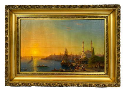 Attributed to Ivan Aivazovsky Seascape Painting: Attributed to Ivan Konstantinovich Aivazovsky (Ukraine/Russia: 1817 - 1900) seascape oil painting on canvas depicting a sunset over the Turkish coast. Signed and dated to lower right. Measures: 21-1/2