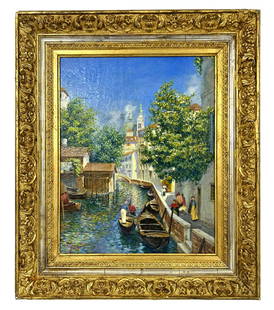 Manner of Rubens Santoro Oil Painting: Manner of Rubens Santoro (Italy/Africa: 1859 - 1942) oil painting on canvas depicting a Venetian Canal scene. Mounted in a beautiful ornate gilt frame. Signed to lower left. Measures: 16" W x 20" H. F