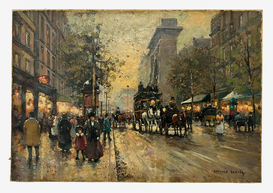Edouard Cortes Parisian Street Scene Oil Painting: Edouard Leon Cortes (France: 1882 - 1969) oil painting on canvas depicting am evening Parisian street scene. Signed to lower right. Measures: 21-1/2" W x 15" H. Provenance: Property of a Palm Beach es