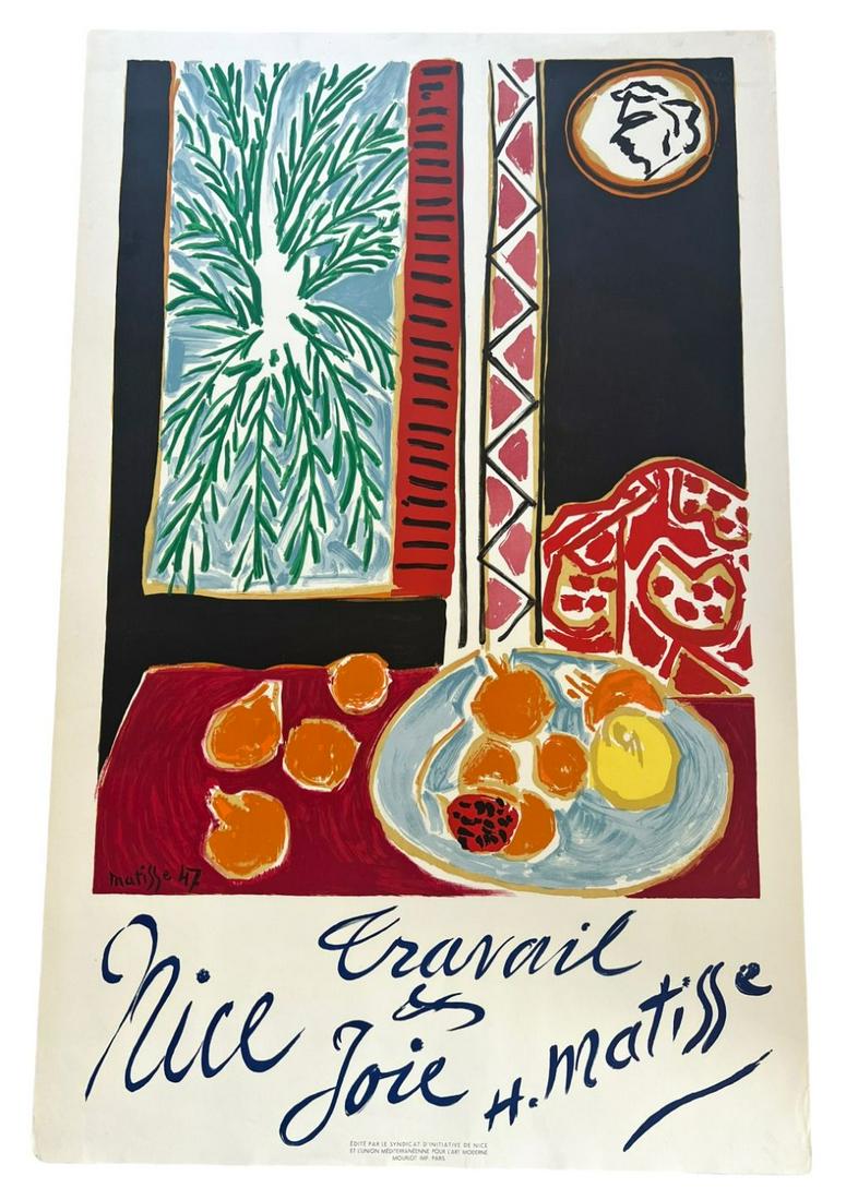 Henri Matisse "Nice Trail, 1948" Color Lithograph: Henri Matisse (France: 1869 - 1954) lithograph in colours on paper titled "Nice, Travail et Joie". Date: 1948. Printed by Mourlot, Paris. Sheet Dimensions: 39" H x 25-3/16" W. Provenance: Private Coll